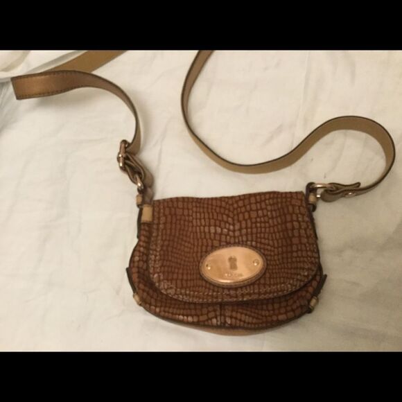 Fossil Crossbody Bag Brown Crocodile Embossed - Picture 2 of 9